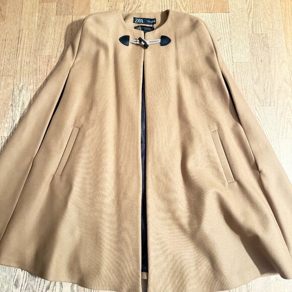 ZARA Manteco Wool Toggle Cape Jacket Coat Camel Brown Swingy Pockets small - Picture 4 of 10